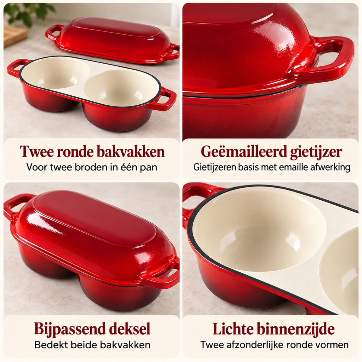 Dubbele Broodpan van Geëmailleerd Gietijzer Rood