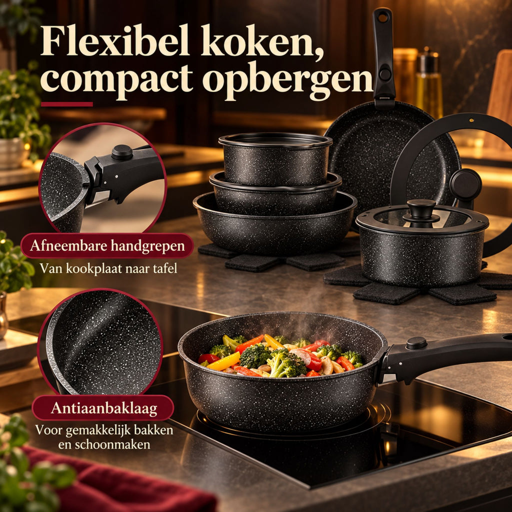 17-delige Aluminium Pannenset met Afneembare Handgrepen