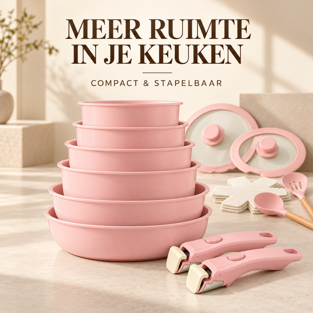 17-Delige Roze Pannenset met Afneembare Handgrepen