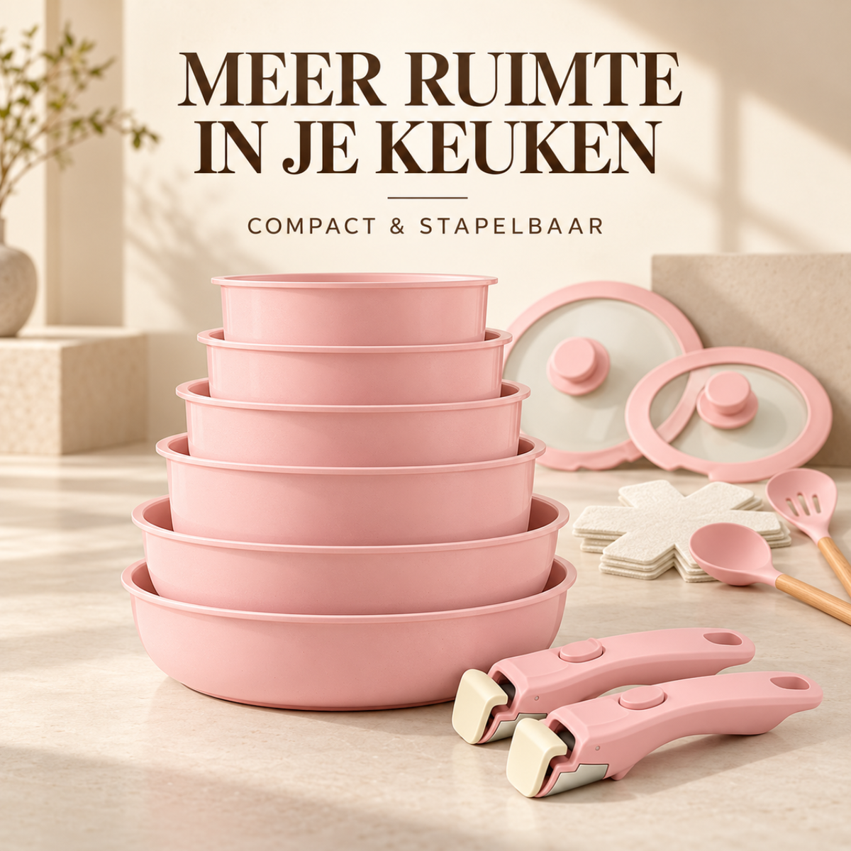17-Delige Roze Pannenset met Afneembare Handgrepen