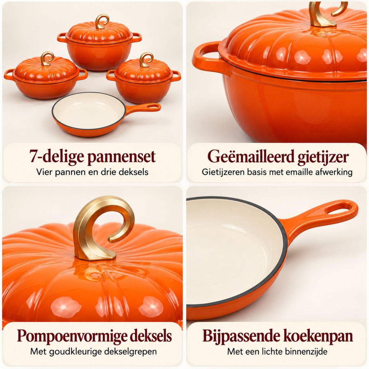 7-delige Pompoenvormige Gietijzeren Pannenset