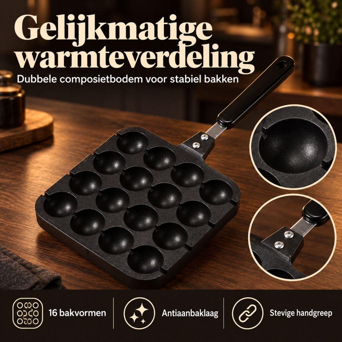 Gietijzeren Poffertjespan met Antiaanbaklaag en Stevige Handgreep