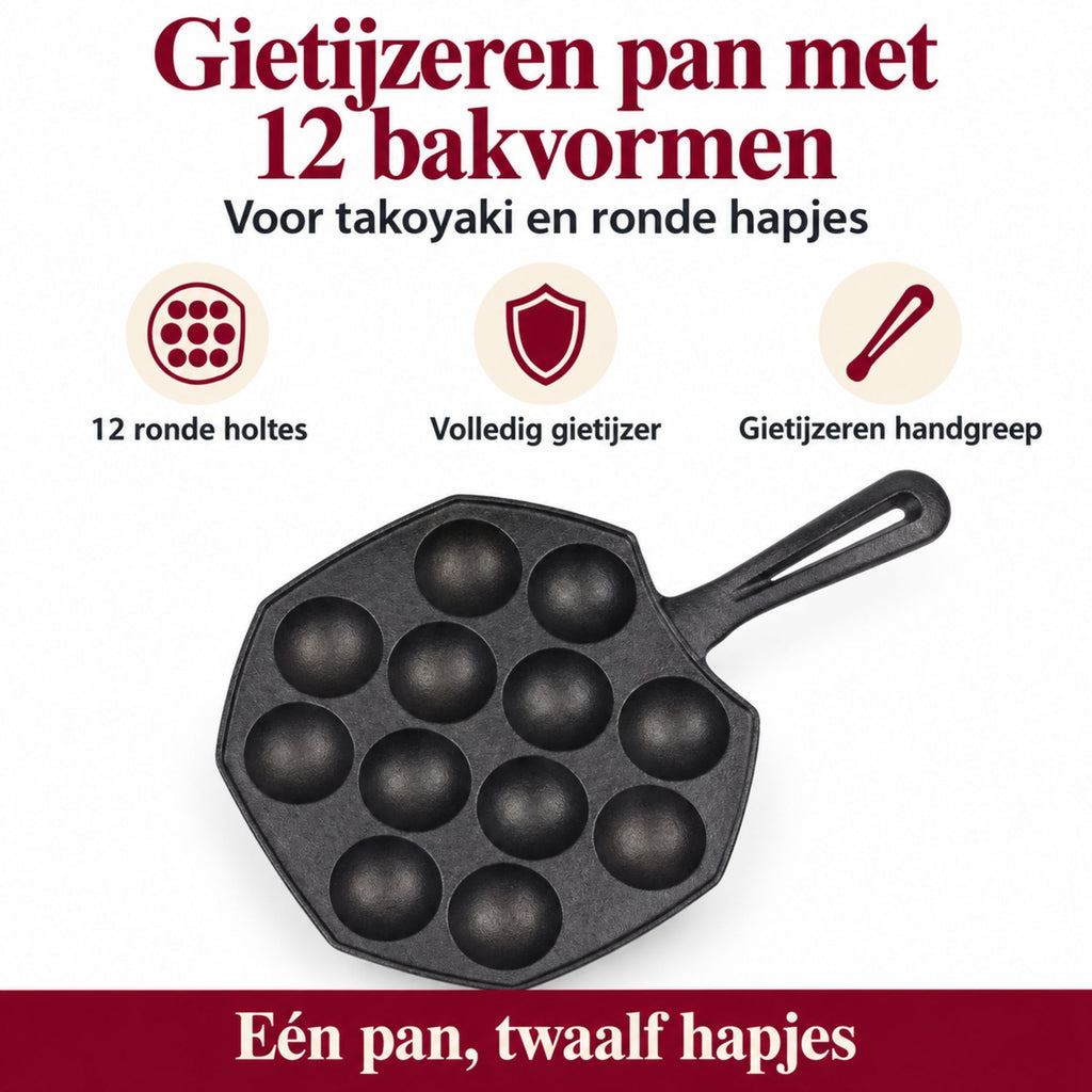 Gietijzeren Poffertjespan – 12 Ronde Vormen – Zwart