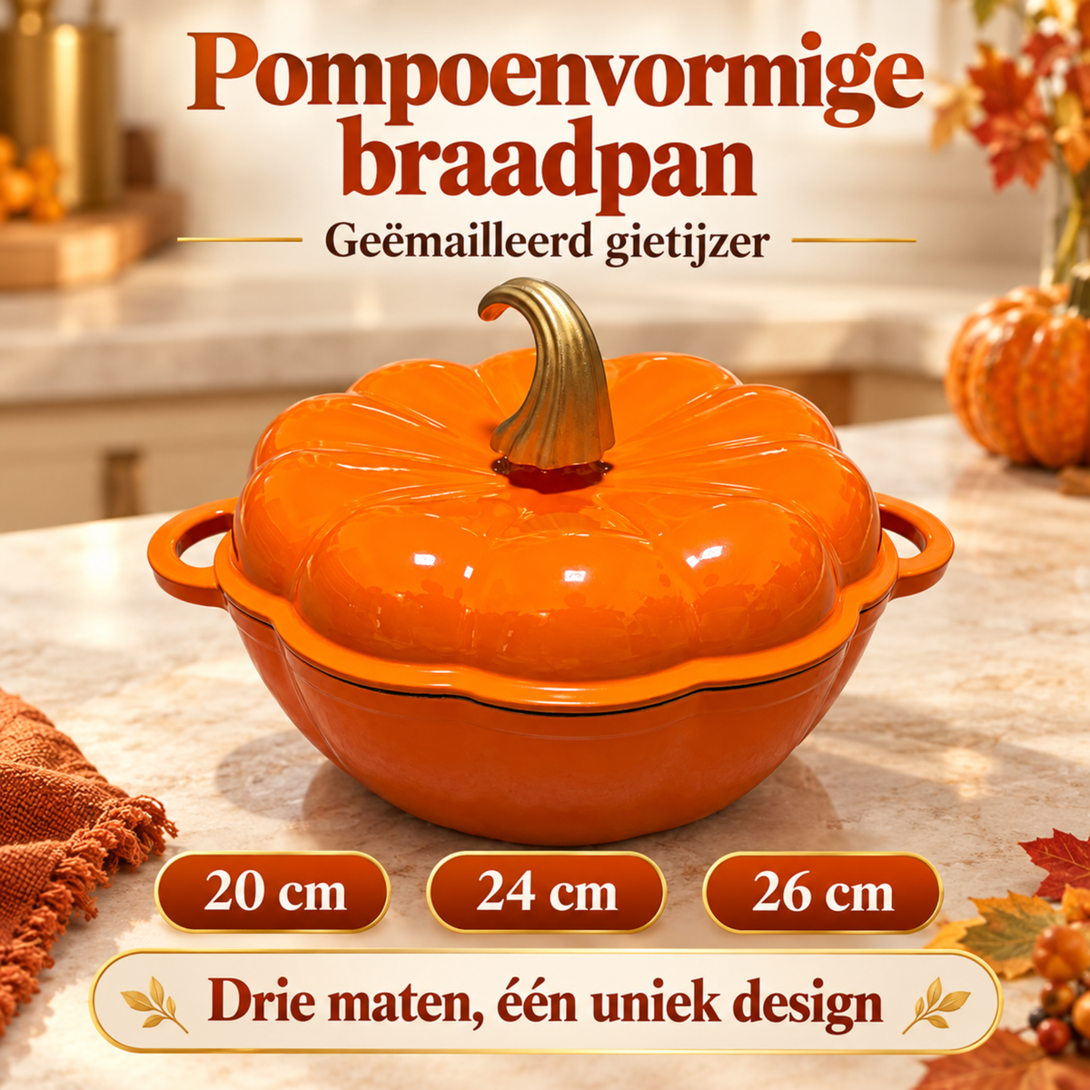 Oranje Pompoenvormige Gietijzeren Braadpan met Deksel