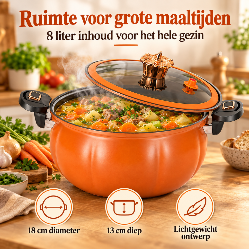 8L Oranje Pompoenvormige Soeppan met Glazen Microdrukdeksel