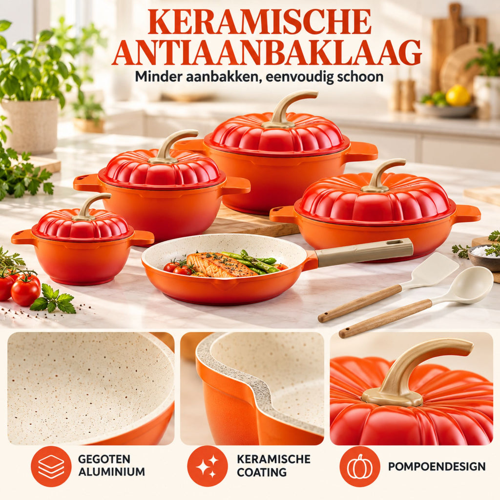 11-Delige Oranje Pompoen Pannenset – Gegoten Aluminium met Keramische Antiaanbaklaag