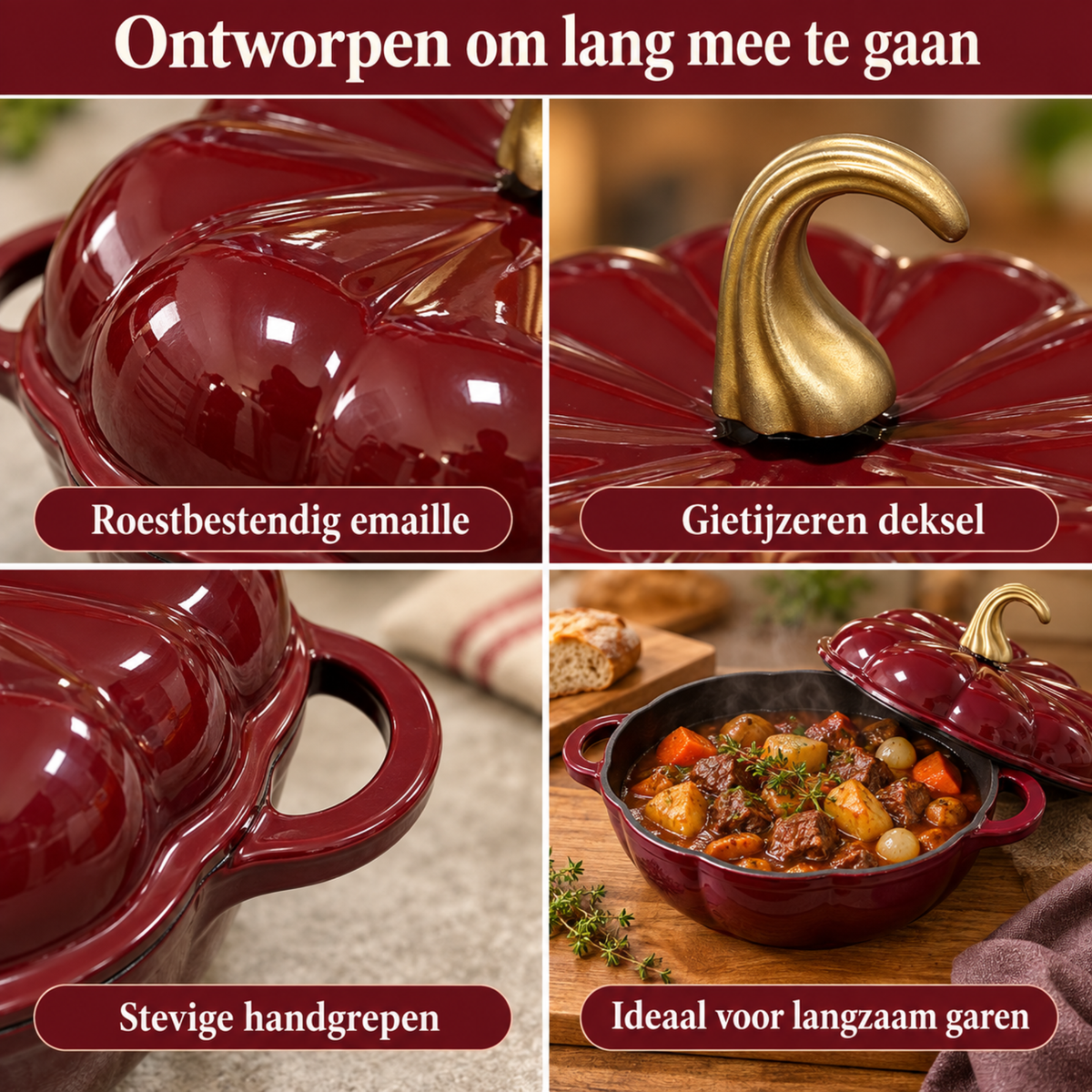 Pompoenvormige Gietijzeren Braadpan/stoofpan met Deksel – Bordeauxrode