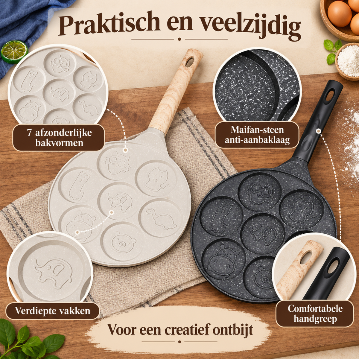 Dierenpannenkoekenpan met Anti-aanbaklaag – Ontbijtspan - 7-Vaks